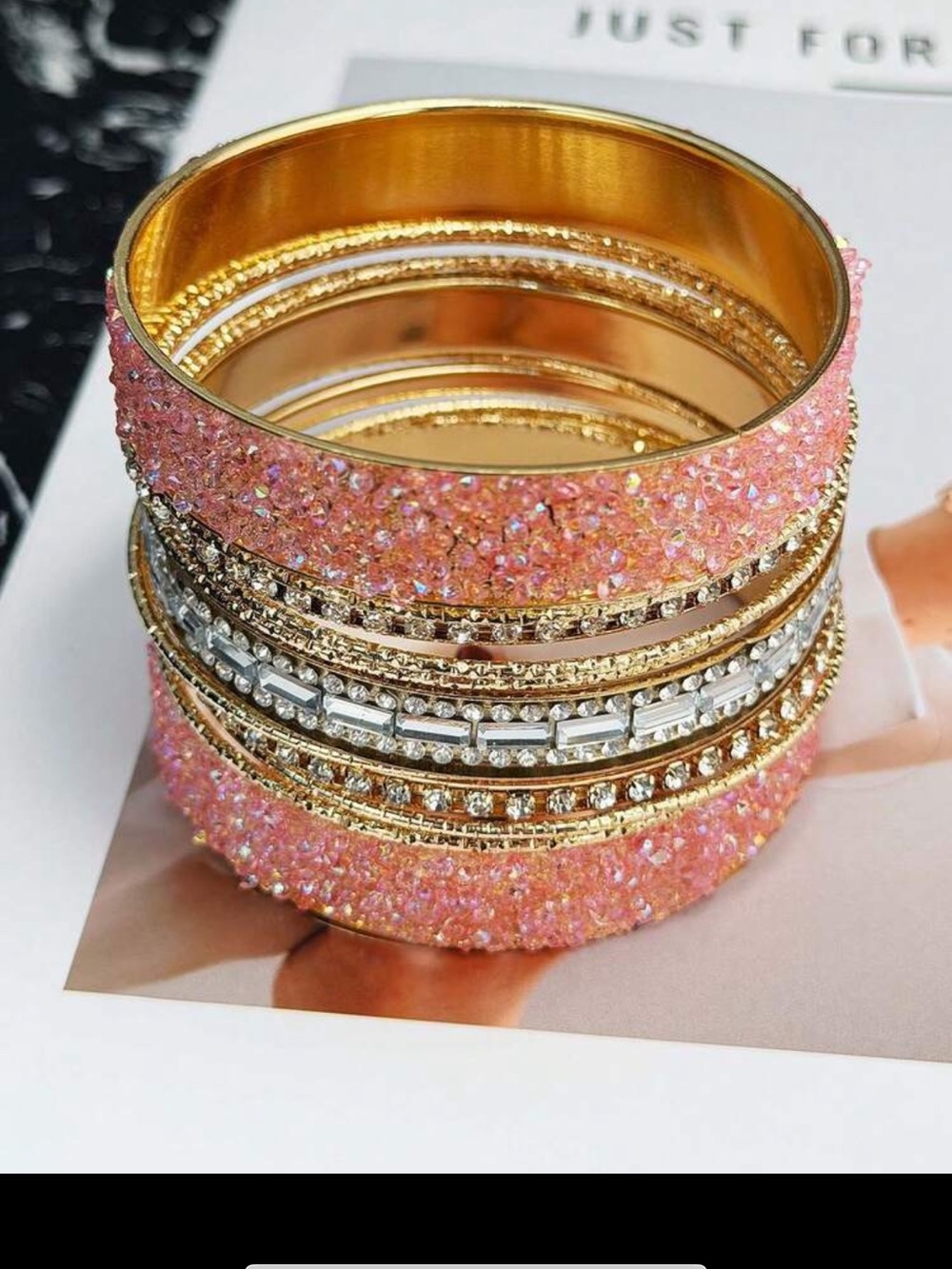 13 pc Set Rhinestone Gold Tone Pink Crystal Stackable Bangle Bracelet Set